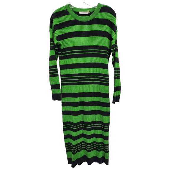 ASOS Womens Sweater Dress Size 4 Black Green Striped Long Sleeve Midi Preppy - Picture 2 of 10